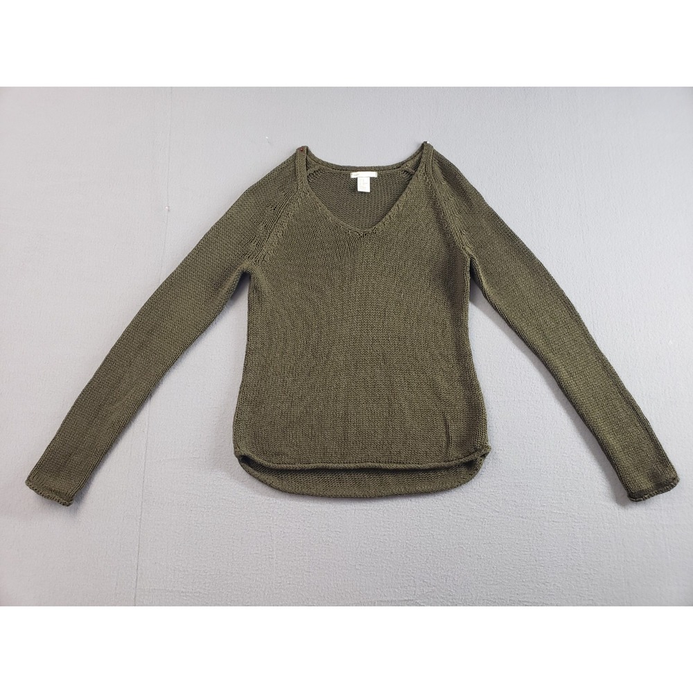 H&M Women Sweater XS Olive Green V Neck Long Sleeve High Low Hem Pullover‎ Knit